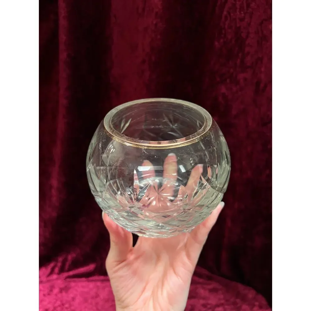 Vintage Cut Crystal Candle Holder - Rose Globe on Ornate Brass Pedestal Stand